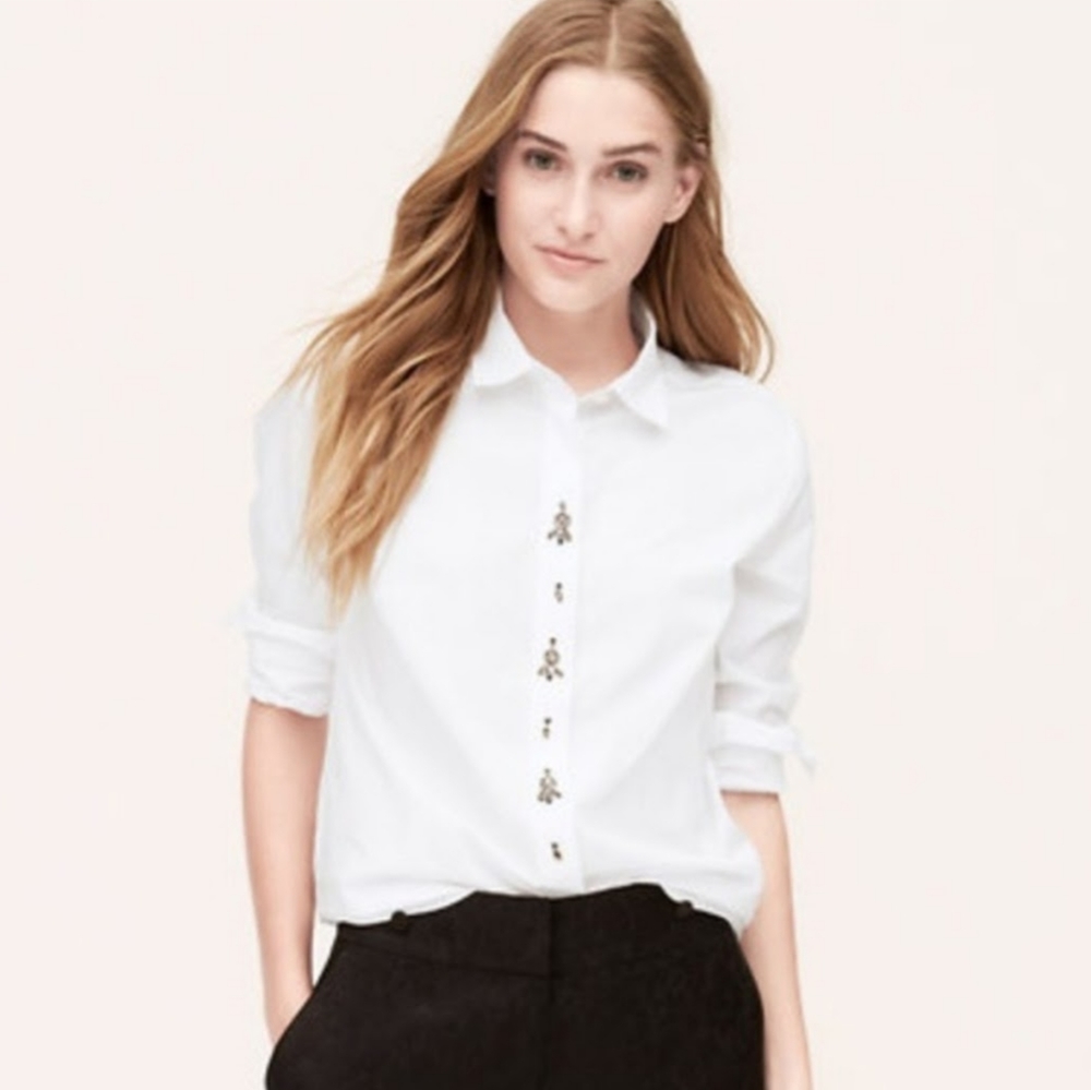 Ann Taylor Loft Softened Embellished White Button Down
